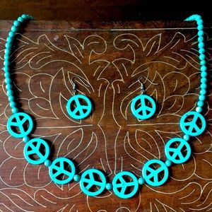 Turquoise Colored Peace Sign Necklace and Earrings